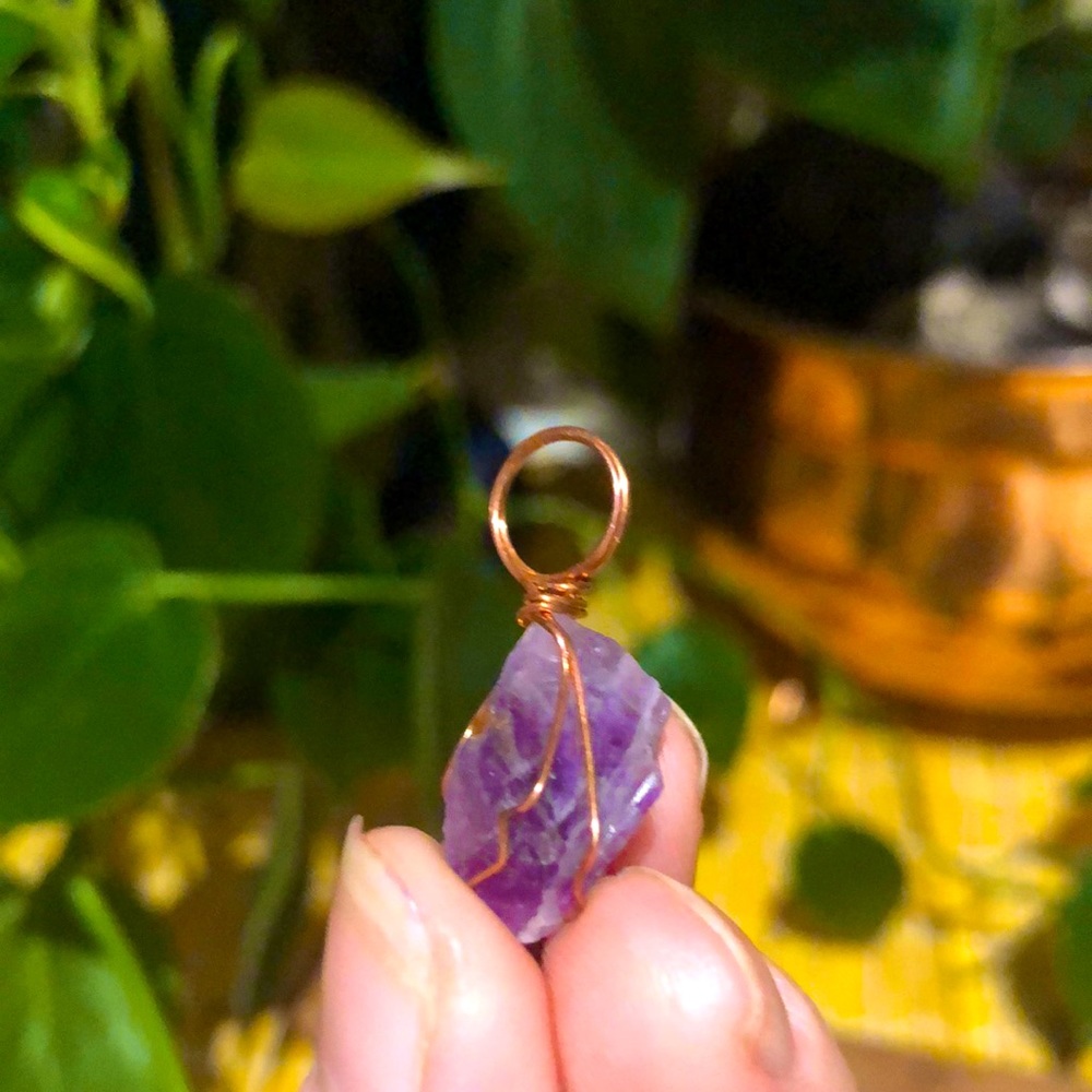Purple Amethyst Crystal Quartz Rose Gold Wrapped Wire Jewelry Handmade Fairy